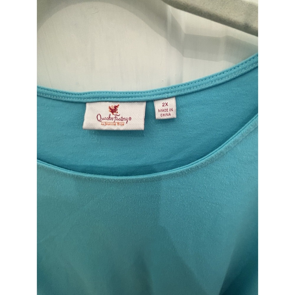 Quacker Factory Women 2X Turquoise Blue 3/4 Sleeve Top Pearl Bow Cuffs Cotton - Picture 5 of 7